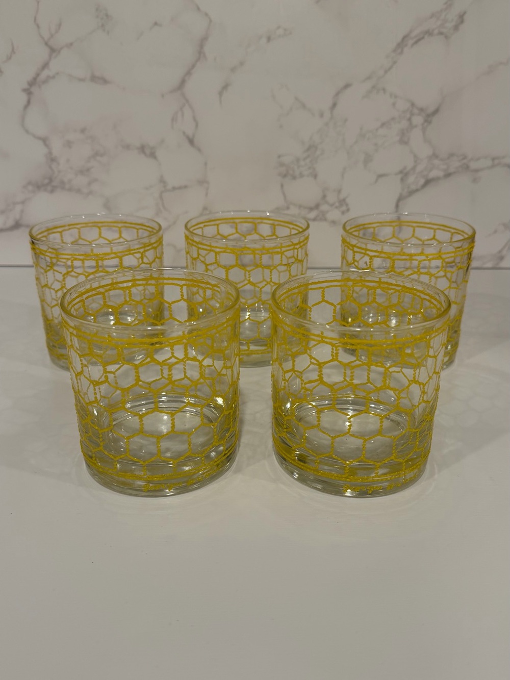 Vintage Georges Briard Rocks Glasses in Textured Yellow Wire Pattern Set 5 MCM